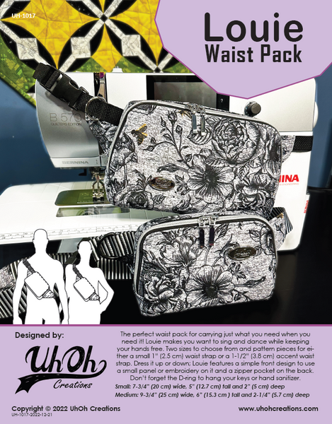 The image shows a finished Louie Waist Pack with a floral pattern, highlighting its multiple compartments and a adjustable black strap.